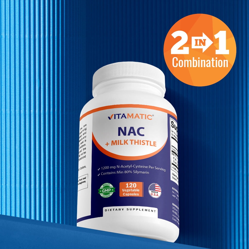Vitamatic NAC Supplement N-Acetyl-L-Cysteine (NAC) with Milk Thistle 50:1 Extract - Supports Immune, Respiratory, Liver Health, 1200 mg per Serving, 120 Veg Capsules