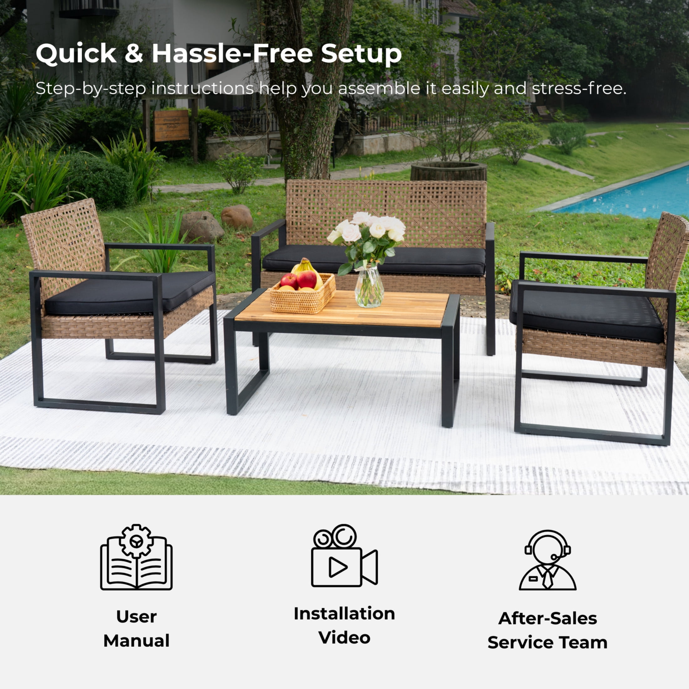 Noble House 4-Piece Patio Furniture Set, Acacia Wood & Rattan Outdoor Conversation Set, Black & Light Brown