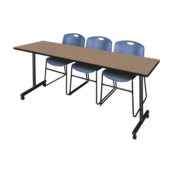 Regency Kobe 84 x 24 in. T-Base Training Seminar Table- Noble Oak, 2 Zeng Stack Chairs- Blue
