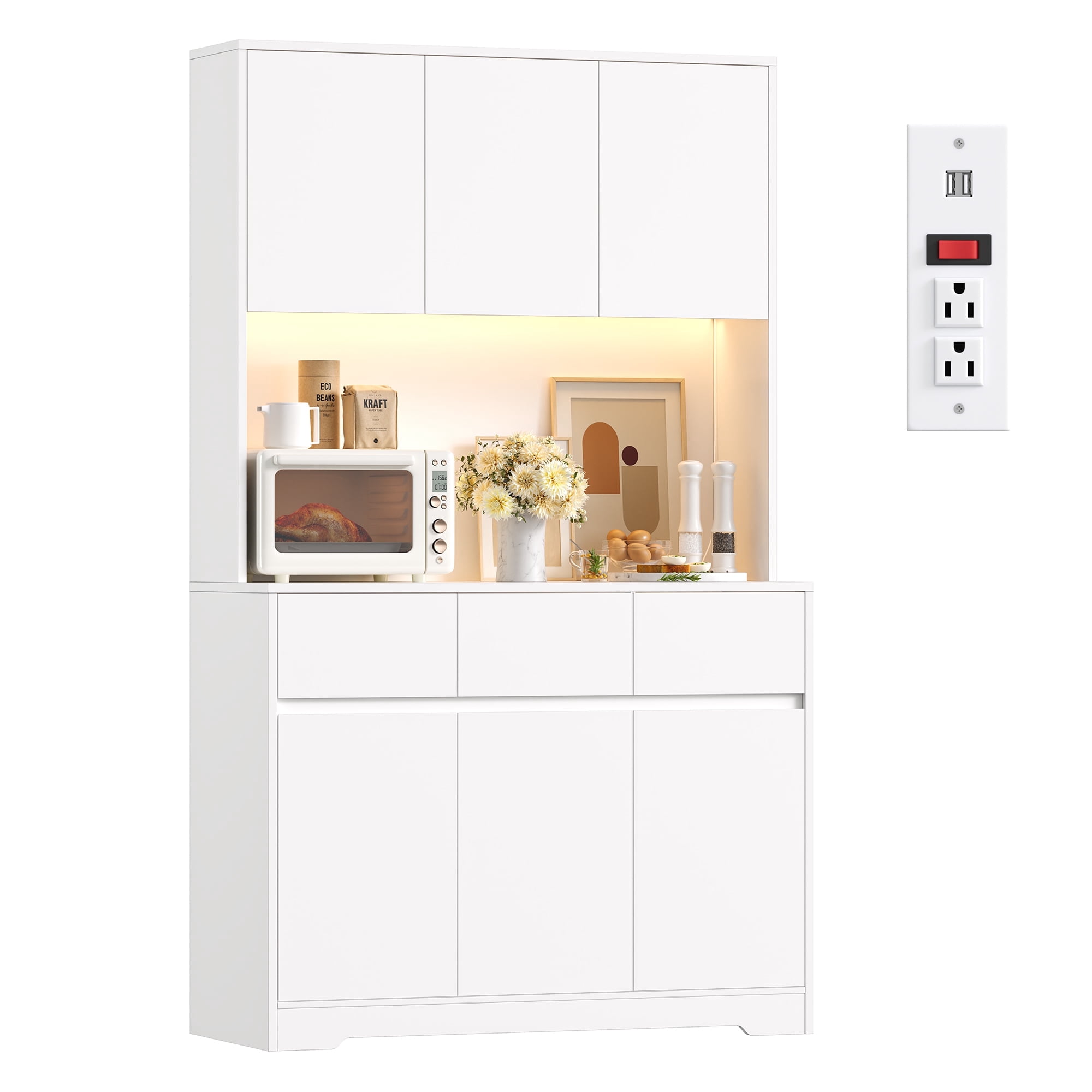 Homfa 70.9'' Tall Kitchen Pantry Cabinet with Charge Station & Led Light, 3 Drawer Storage Cabinet with Adjustable Shelves, White