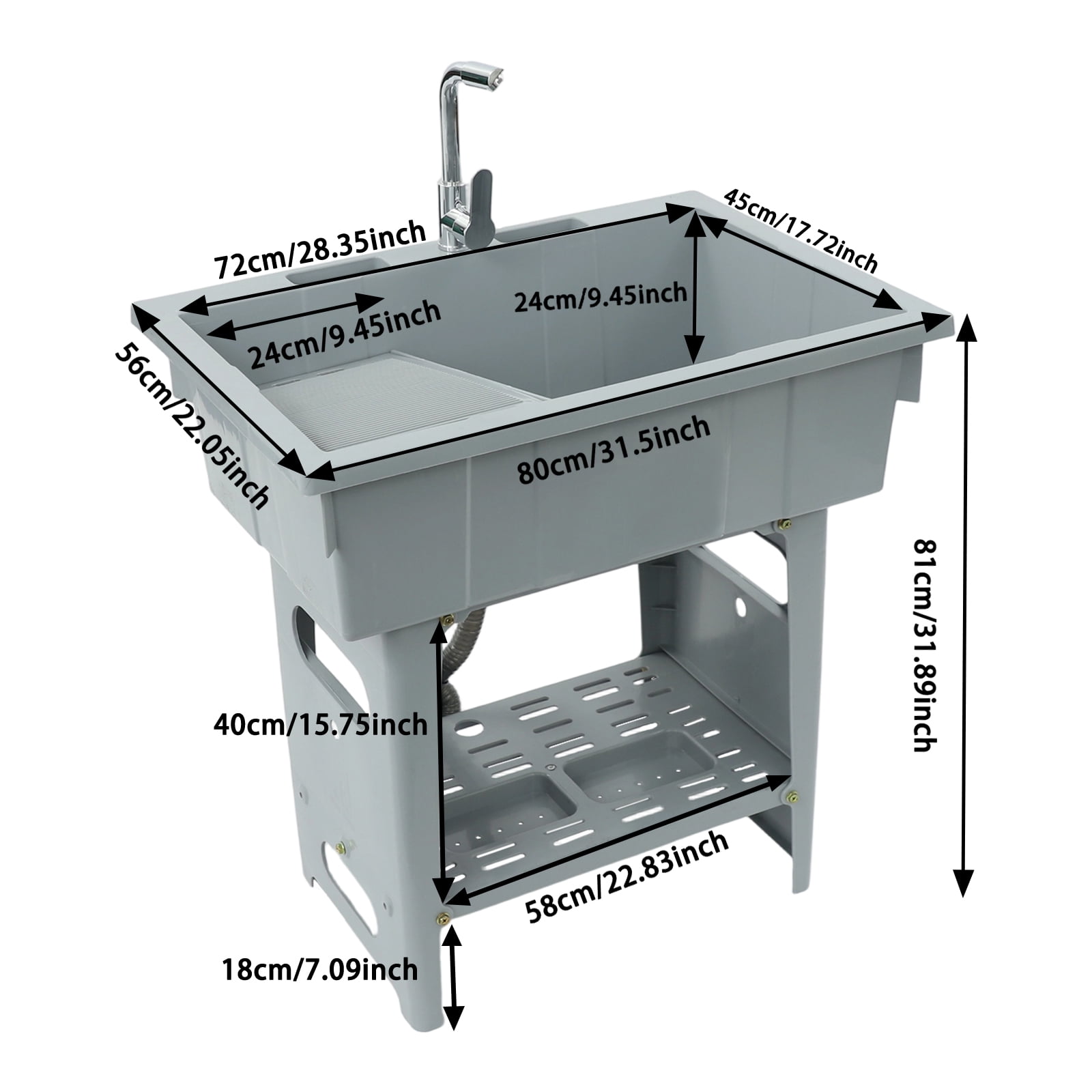 Laundry Sink 31.5x22x31.9in Grey Freestanding Utility Sink with 28.4x17.7x9.4in Basin & Storage Shelf