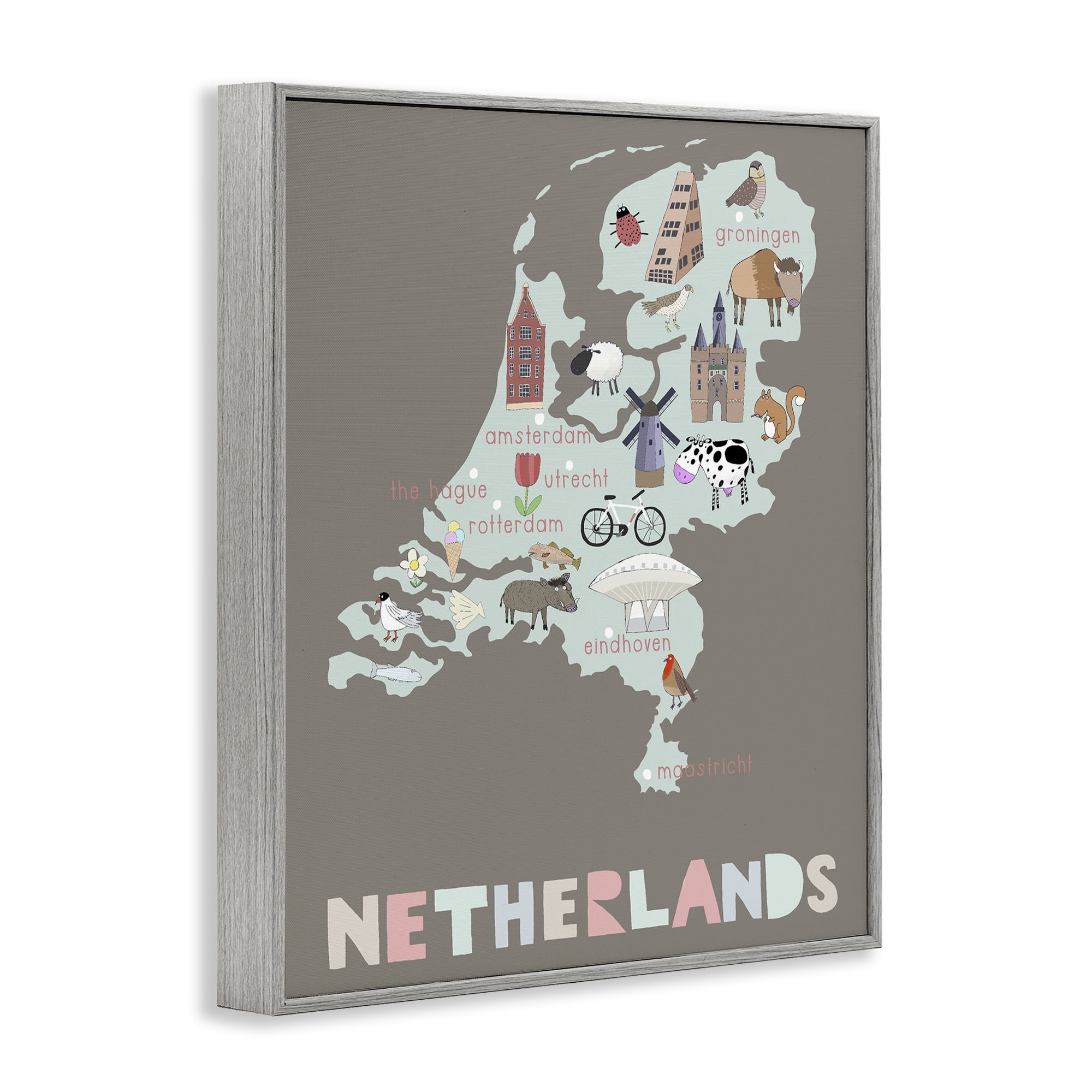 Kid's Map of Netherlands Gray Framed Giclee Art, design by Carla Daly