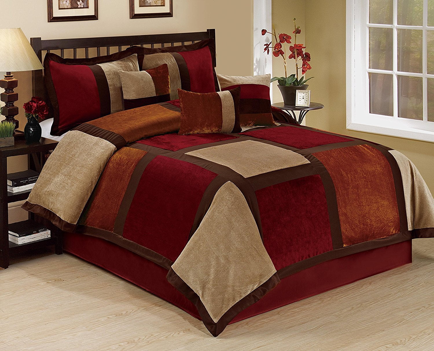 Unique Home 7 Piece Brandy Big Square Clearence Patchwork Comforter Set Queen King Cal Size Burdy
