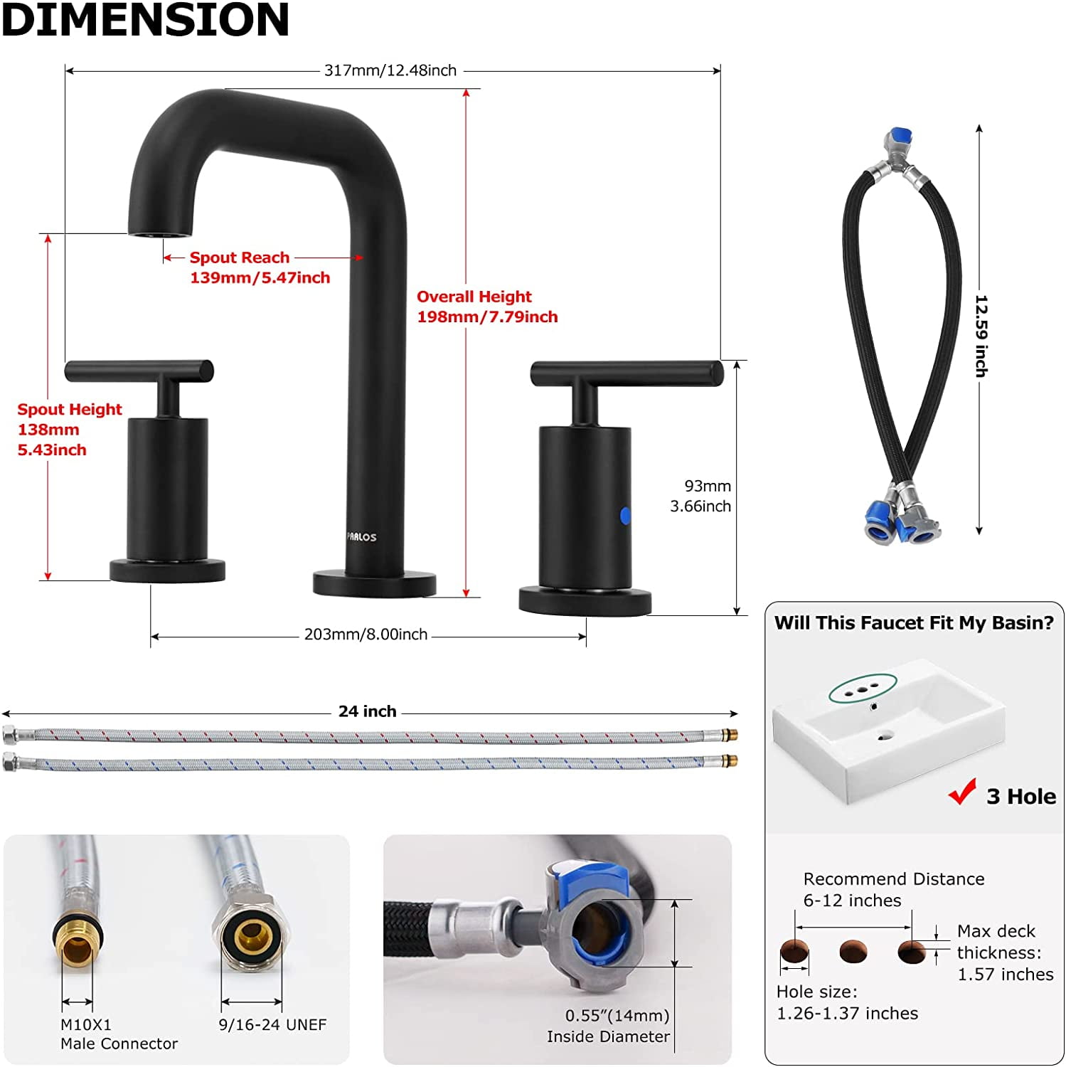 PARLOS 8 Inch Polished Chrome Widespread Bathroom Sink Faucet for 3 Hole Vanity with cUPC Faucet Supply Lines,Matte Black
