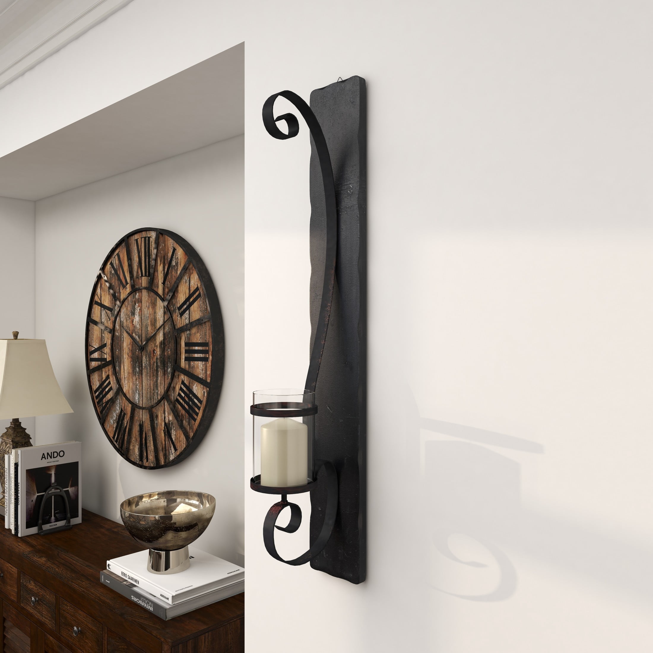 DecMode Black Metal Scroll Long Pillar Wall Sconce