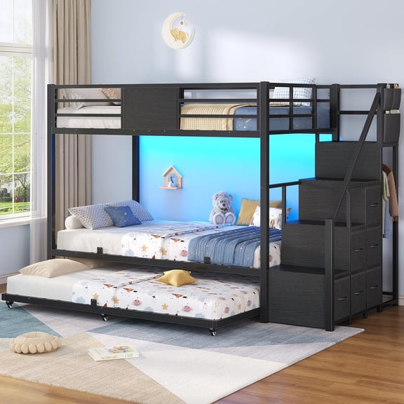 Toogaho Twin Over Twin Bunk Bed with Trundle & Ladder & Guardrail, Metal Bunk Bed Frame with LED Light & 6 Storage Drawers and Hanging Area for Bedroom,Dorm,Guest Room,Black