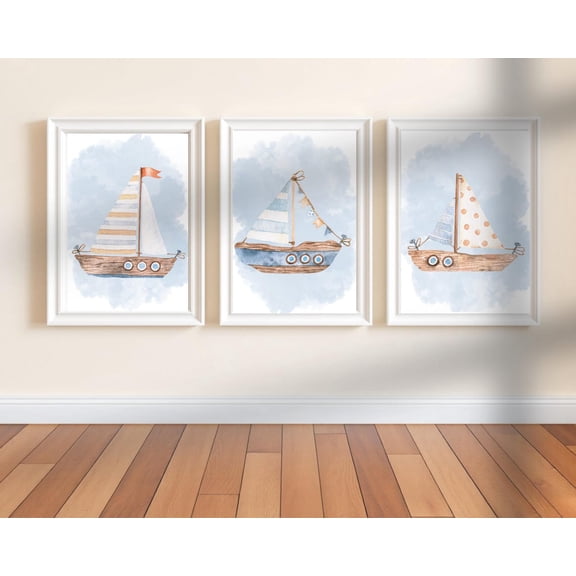 UNFFRAMED Nautical Sailboat Posters Set, Coastal Nursery Decor Set 3 Prints 8x12