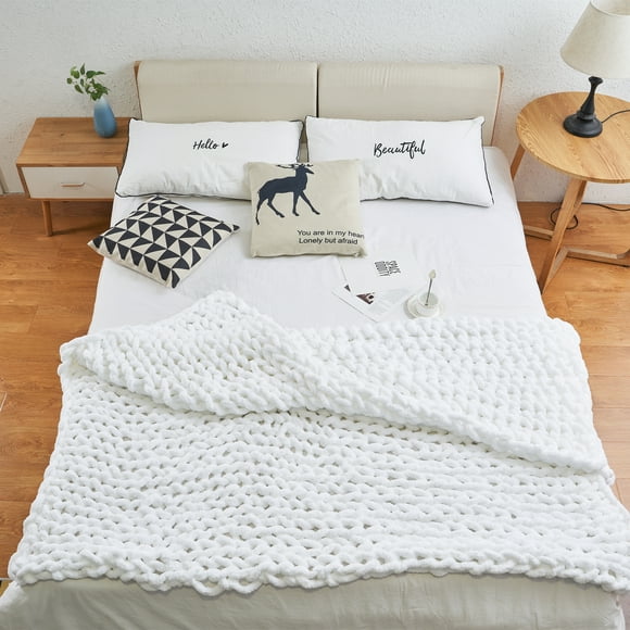 MODENNA Chunky Knit Blanket Throws Chenille Yarn, Hand Knit Throw Blanket Chunky Braided Blanket, White, 50"x60"