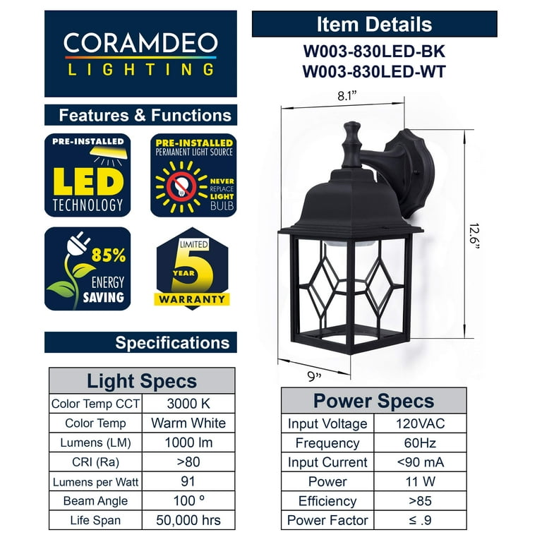 CORAMDEO Outdoor LED Square Wall Sconce Light for Porch, Patio, Deck, Wet  Location, Built in LED gives 100W of light from 11W of power, 1000 Lumens, 