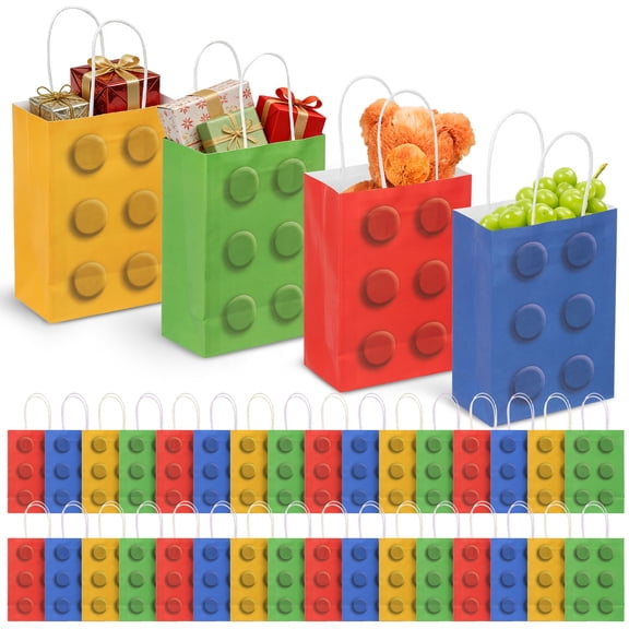 36Pcs Rainbow Gift Bags with Handles Building Block Party Favor Present Bags Bricks Candy Treat Paper Bags Present Goodie Pouch for Birthday Party Baby Shower Decor