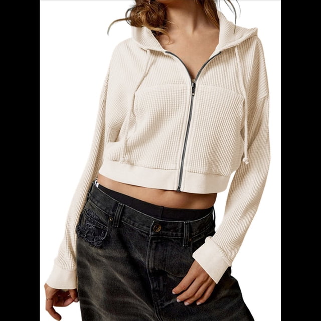 Sudadera Corta con Capucha y Cremallera para Mujer, Estilo Años 90, Larga, Cordón Ajustable y Bolsillos. Color Albaricoque Arroz L
