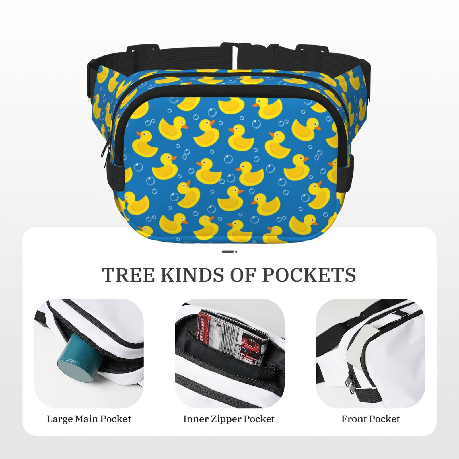 Picia Rubber Duck Print Square Double-Layer Waist Bag Mini Adjustable Waist Belt Bag Exercise Running Travel Hiking