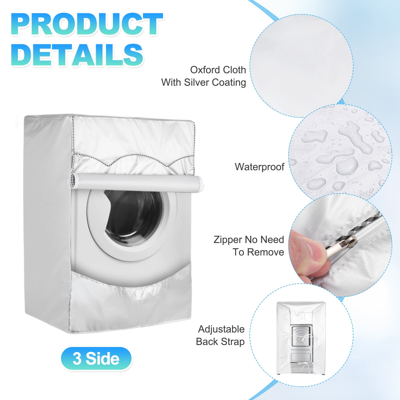 Uxcell 2 Pcs Washer and Dryer Covers 24"x22"x33"- Waterproof, Dustproof, Sun-Proof Front-loading 3 Side Washing Machine Cover with Zipper for Laundry Room Balcony, Silver