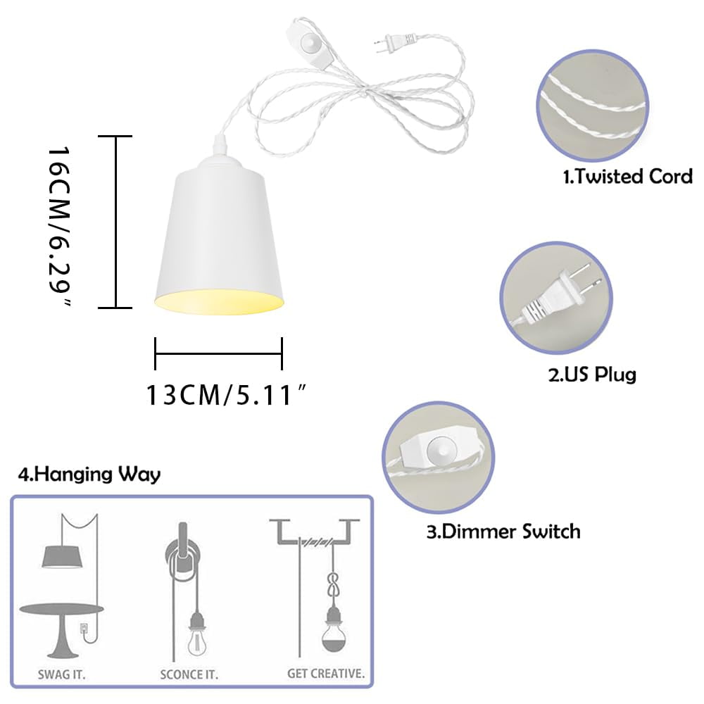 KAYYELAMP White Metal Lampshade E26 Base Modern Style Pendant Light Fixture 15 Feet Plug in Dimmer Cord Hanging Lamp for Kitchen Loft Dining Room(No Bulb)