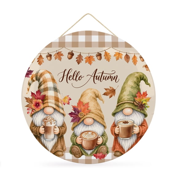 Welcome Sign for Front Door, Coffee Gnomes Fall Round Metal Wall Art Wreaths, Thanksgiving Maple Retro Brown Plaid Outdoor Indoor Wall Hanging Sign for Porch Decor Housewarming Gifts 11.8 Inch