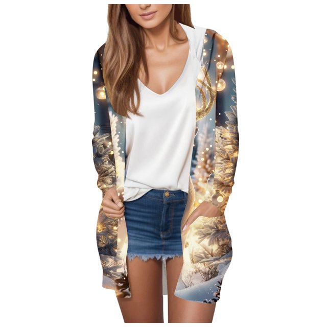 Cárdigan para mujer, blusa informal de manga larga con estampado y bolsillo, cárdigan con capucha, abrigo holgado de algodón de imitación para mujer