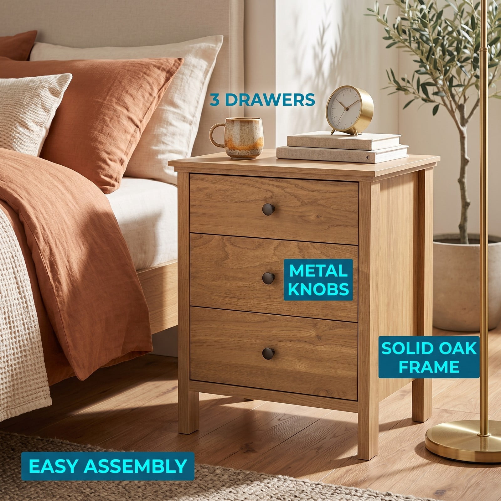 Furnibear 3-Drawer Wooden Nightstand with Wide Tabletop and Smooth Metal Slides for Bedroom Living Room and Study, Natural