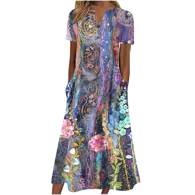 Cameland Robe d'Été pour Femme Décontractée à Col en V avec Boutons, Manches Courtes, Imprimée, Coupe Évasée, avec Poche