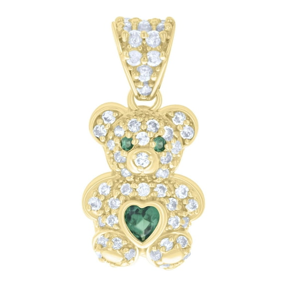 10K Yellow Gold Green CZ Womens May Birthstone Charm Teddy Bear w/ Heart Pendant