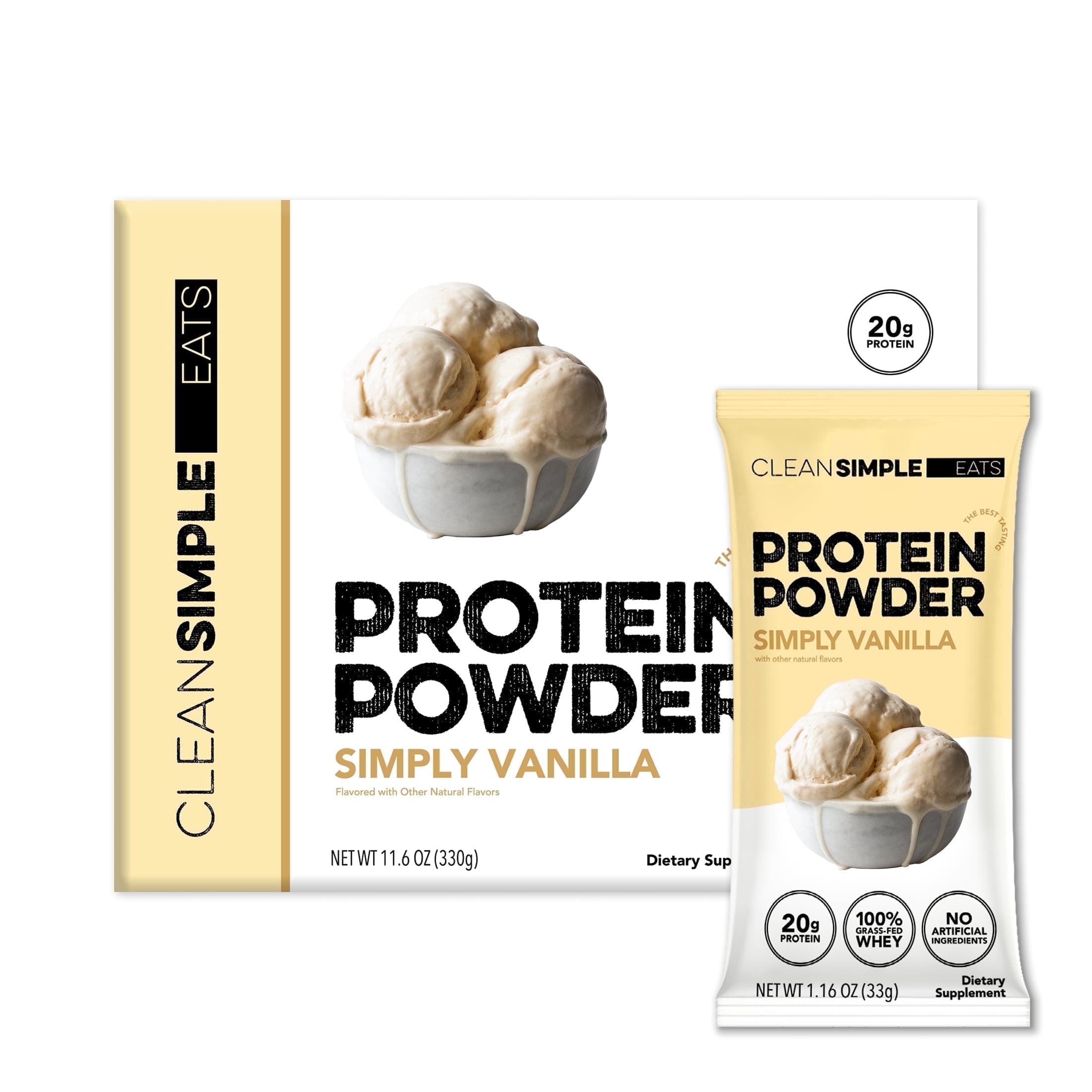 Clean Simple Eats Whey Protein Powder, Simply Vanilla, Gluten Free, Zero Added Sugars, No Artificial Ingredients, 20g Protein, 10 Count