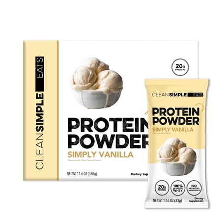 Clean Simple Eats Whey Protein Powder, Simply Vanilla, Gluten Free, Zero Added Sugars, No Artificial Ingredients, 20g Protein, 10 Count