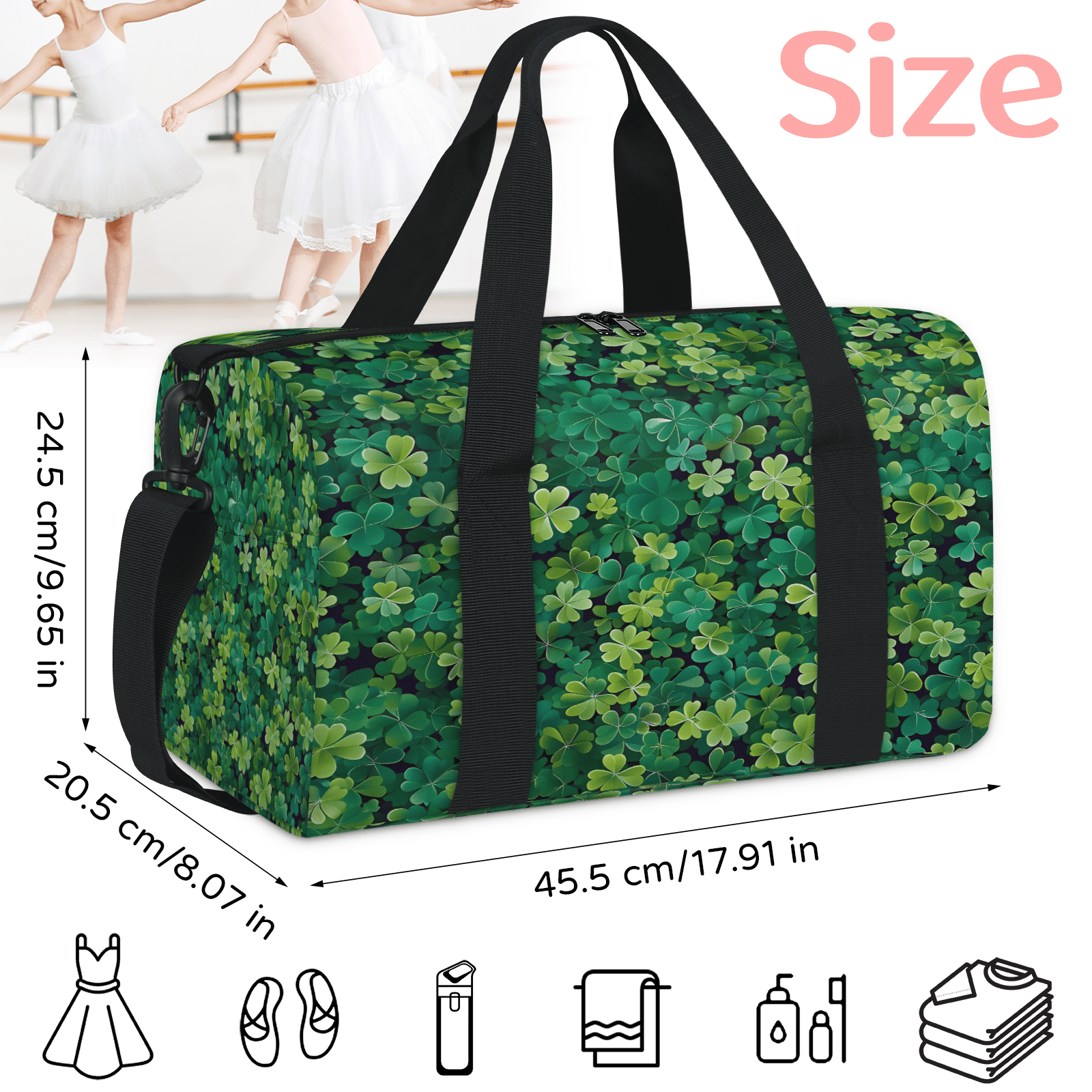 Herdesigns St. Patricks Day Green Irish Clover Gym Bag for Women, Duffle Bag for Travel Sport, Lightweight Waterproof Carry on Weekender Overnight Dance Yoga Workout Bags