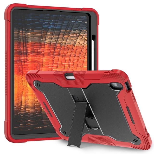 DWaybox Étui Robuste pour iPad Air 13‐inch (M4) 2026 Modèle A3462, Étui Blindée Antichoc à 3 Couches (Silicone Souple + PC Rigide) avec Béquille et Porte‐crayon -Rouge + Noir