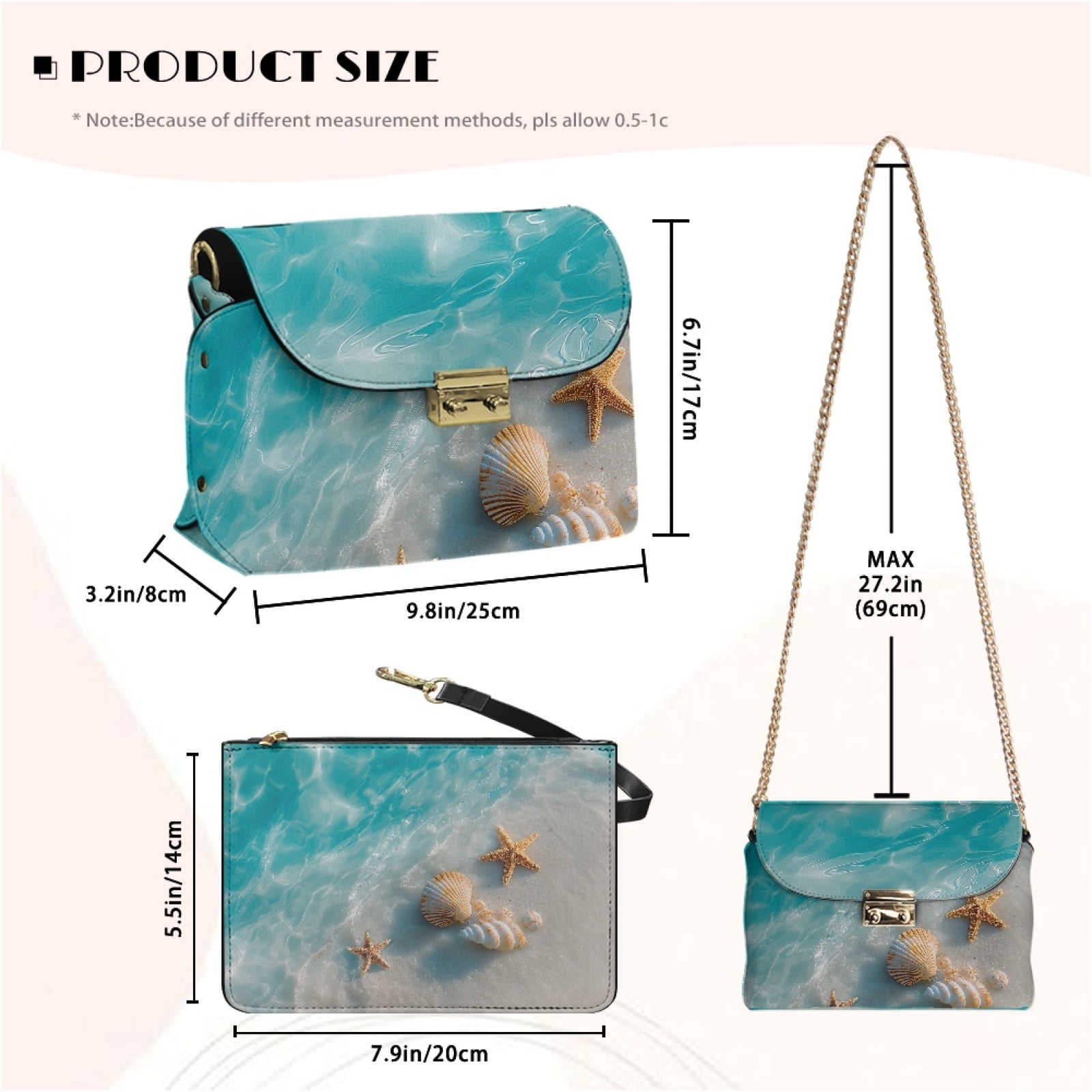 SCRAWLGOD Beach Water Conch Starfish Print Small Crossbody Bag for Women PU Leather Phone Purse with Metal Hook Lightweight Stain Resistant Crossbody Handbags with Metal Buckle