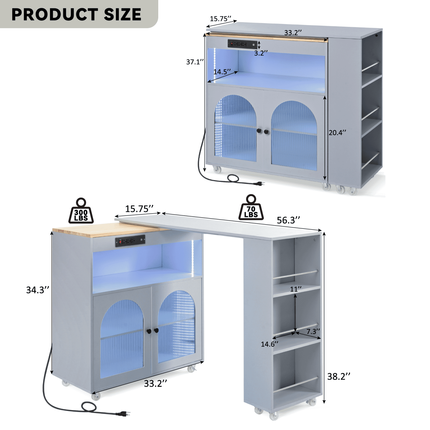 Harper & Bright Designs Rolling Kitchen Island With Extended Table, Kitchen Island on Wheels with LED Lights, Power Outlets and 2 Fluted Glass Doors, Kitchen Island with Storage Shelves, Grey-Blue