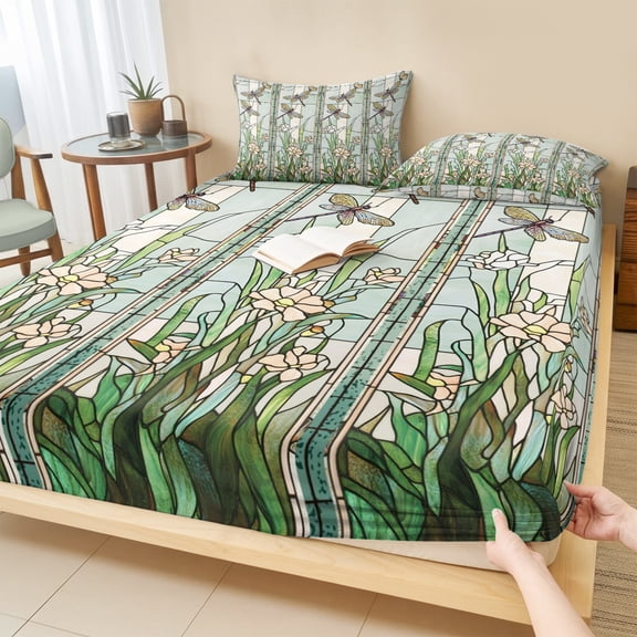 King Size Fitted Sheet Set - Dark Green Grass 3 Piece Bedding Sets 16" Deep Pocket Fitted Sheet with 2 Pillowcases, Flower Dragonfly Retro Pastoral Rustic Brushed Microfiber Hotel Luxury Bed Sheets