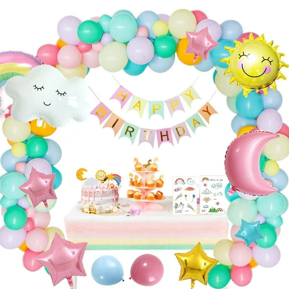 Pastel Balloons Cloud Party Decorations for Girl, 50PC Garland Arch Kit for Birthday with Sun Rainbow Moon Foil Balloon, Party Supply Baby Shower Gender Reveal