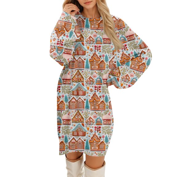 Yucgh Women's Round Neck Casual Long Sleeve Plush Dress, Christmas Print Holiday Party Dress, Soft Warm Winter Dress，S