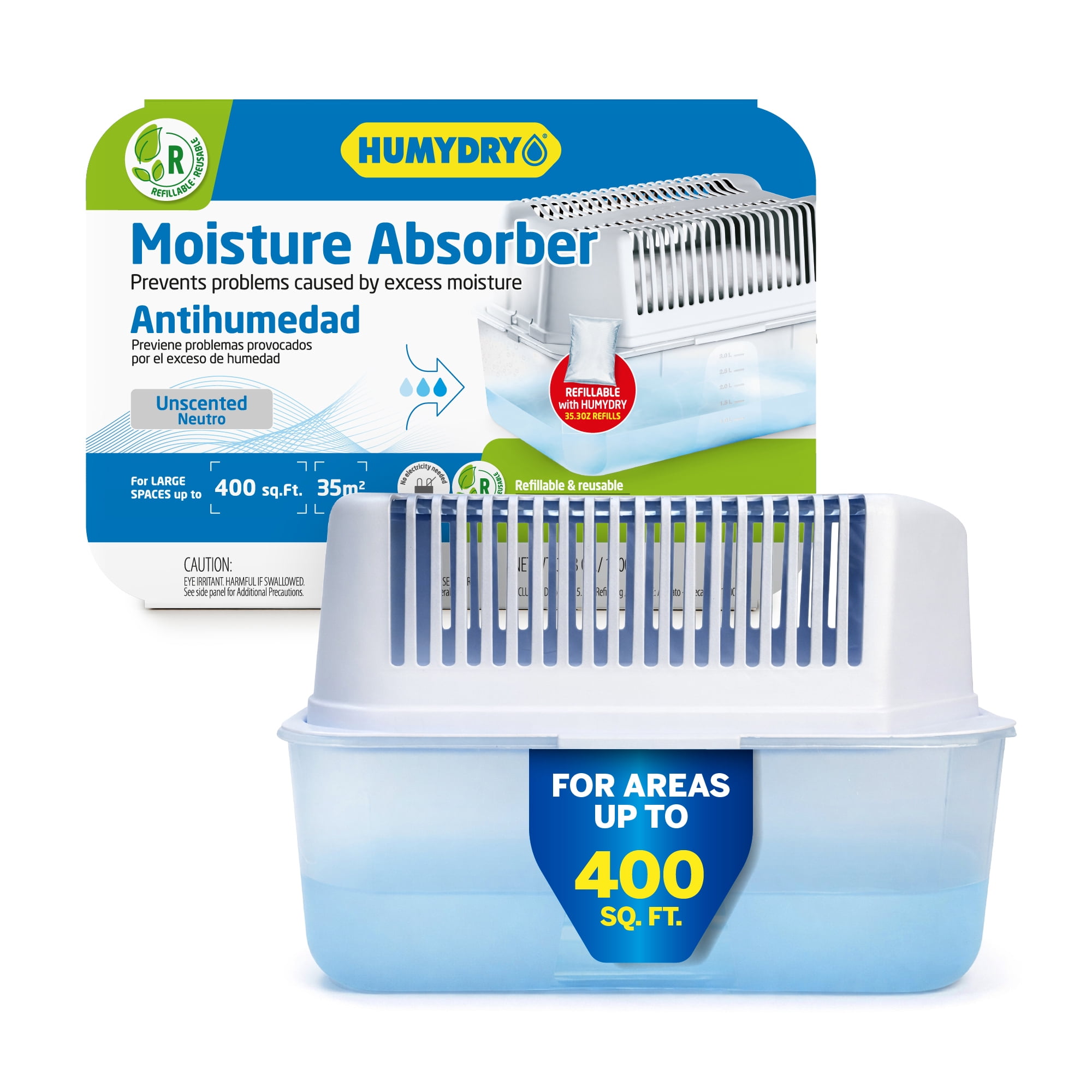 (4 pack) Humydry Moisture Absorber Dehumidifier Device, 35.3 oz, includes 1 Pre-Measured Refill, Fragrance Free for Basements, Bedrooms, and Large Enclosed Spaces