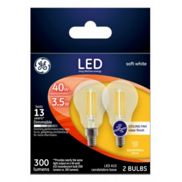 GE 24302 Candelabra Base Clear A15 Ceiling Fan LED Bulb, Soft White, 3.5W, 2Pk