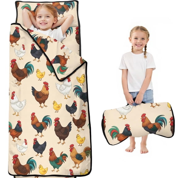 Rooster and Chick Cream Pattern Teens Toddler Nap Mat with Pillow, Sleeping Mat Bag for Preschool Daycare 59"x22"