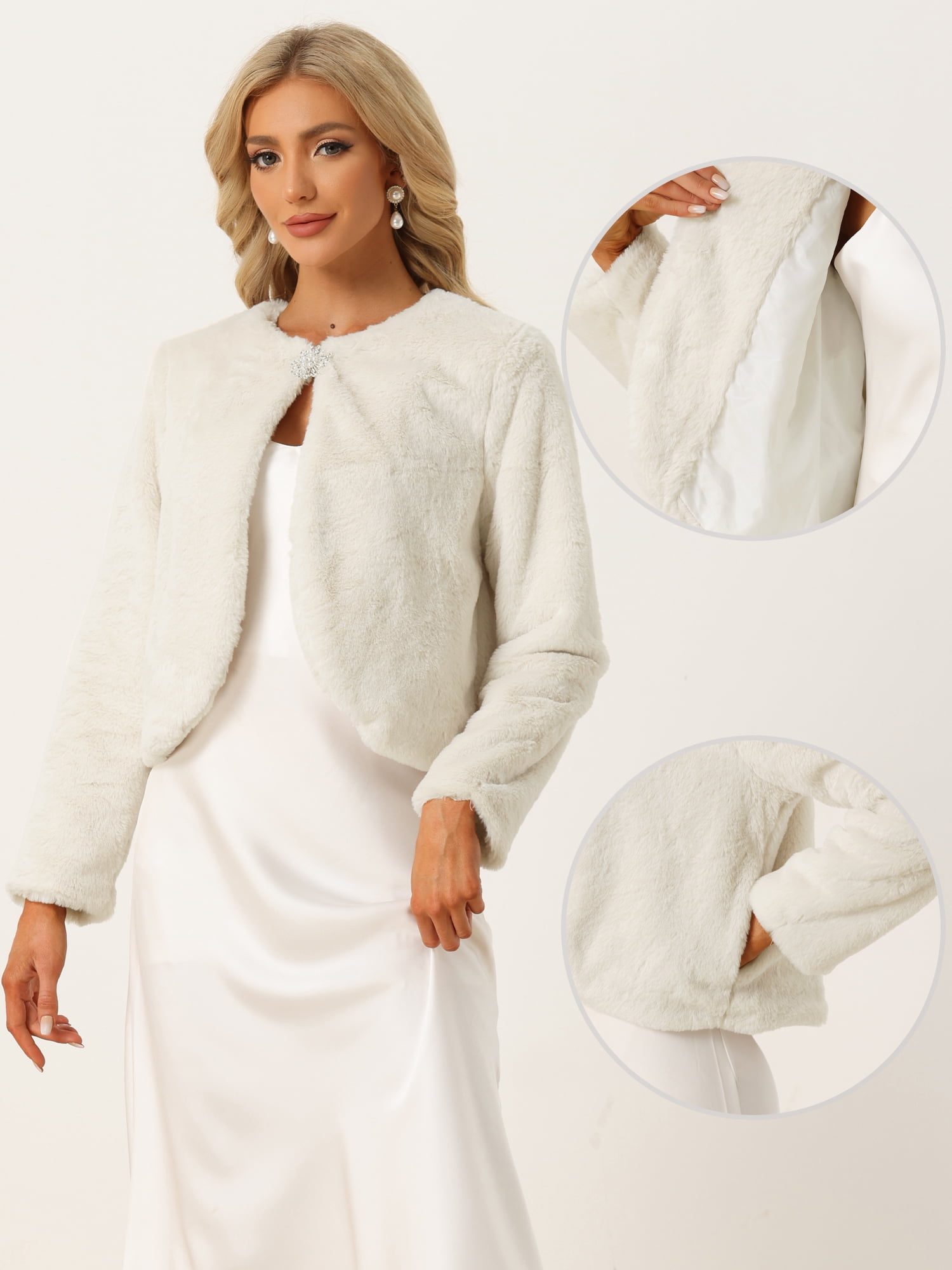 DARING DIVA Women's Formal Bolero Shrug Cropped Faux Fur Jacket XL Beige