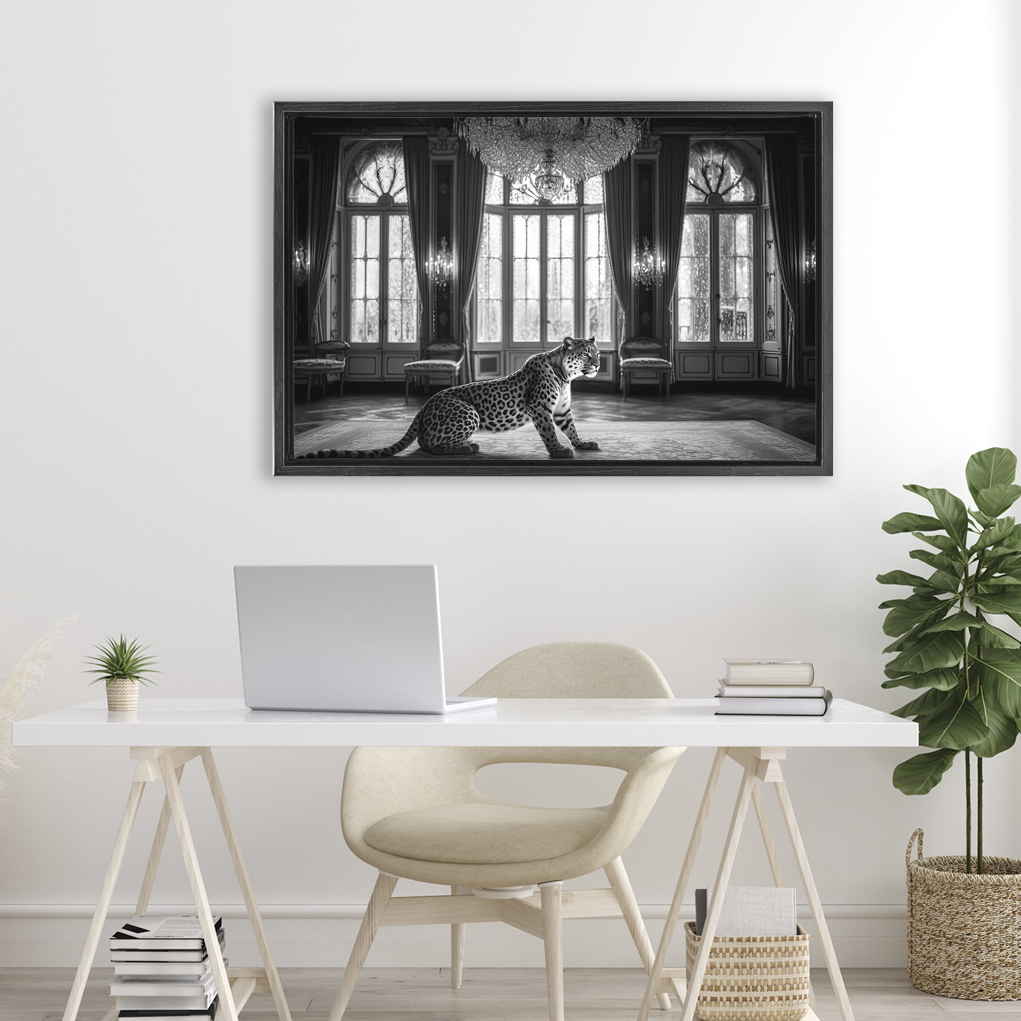 Snow Leopard in Opulent Mansion Black Framed Floater Canvas Wall Art, design by Decent Exposures