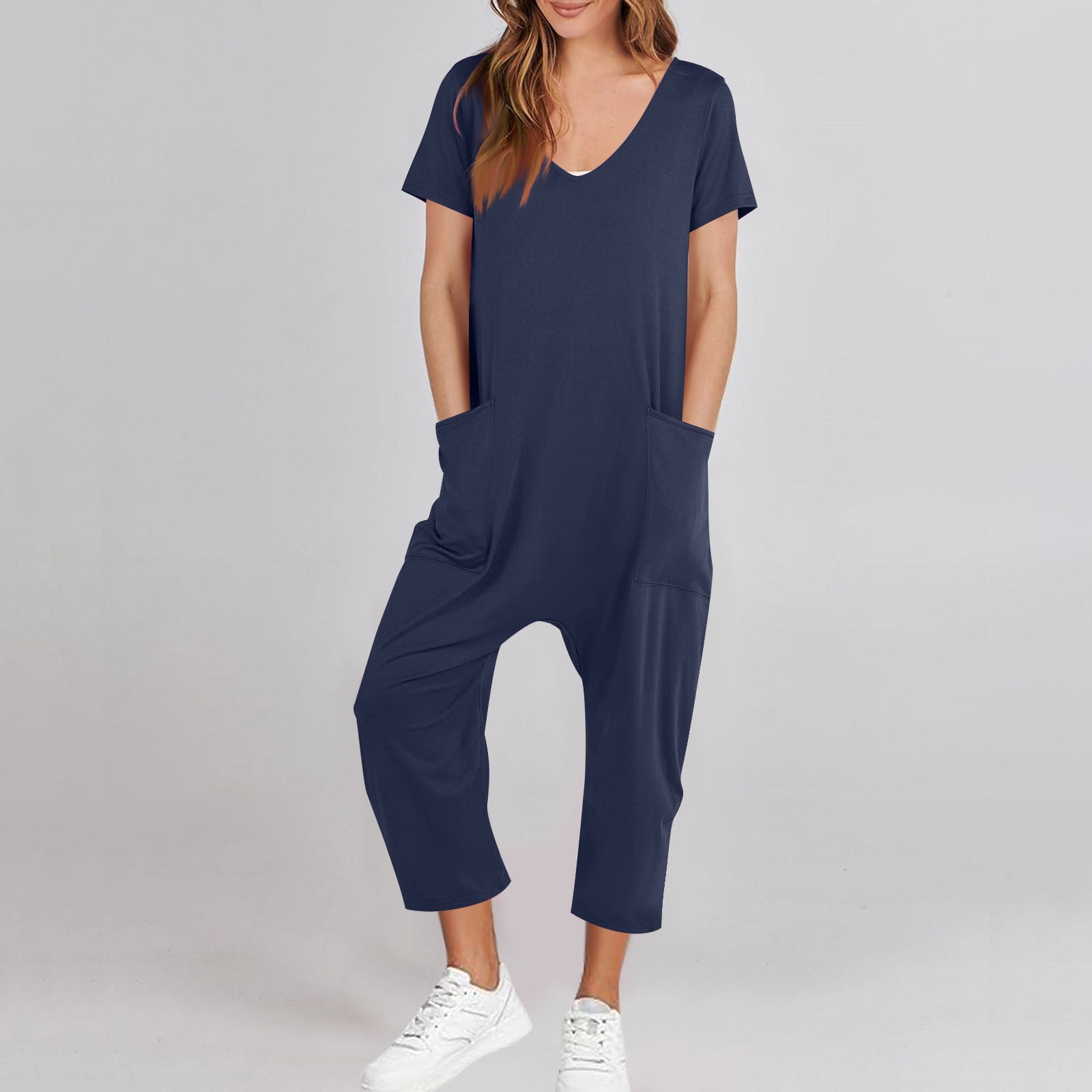 AGWOLF Adult Onesie Pajamas for Women Stretch V Neck Short Sleeve Jumpsuits Loose Fit Solid Ankle Length Pants Summer Rompers with Pockets Soft Sleepwear Homewear One Piece Navy XL