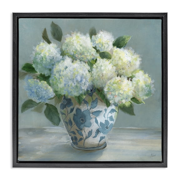 Stupell Industries Hydrangeas in Elegant Vase Black Framed Floater Canvas Wall Art, design by Nan