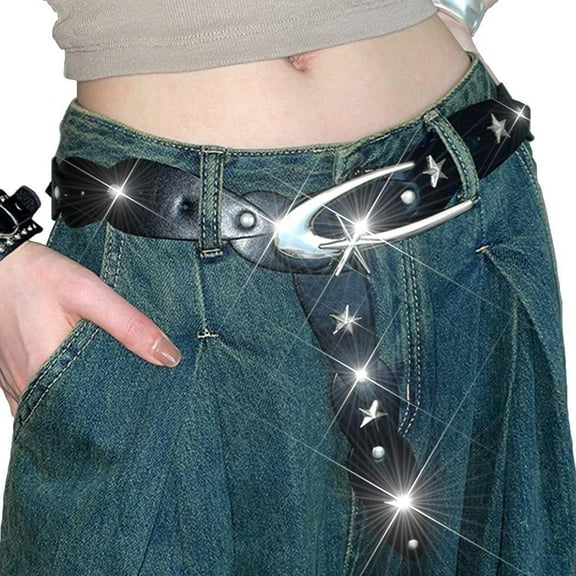 Star Studded Leather Belt Black Fashion Leather Belt Adjustable Belts Y2K Leather Accessories for Women