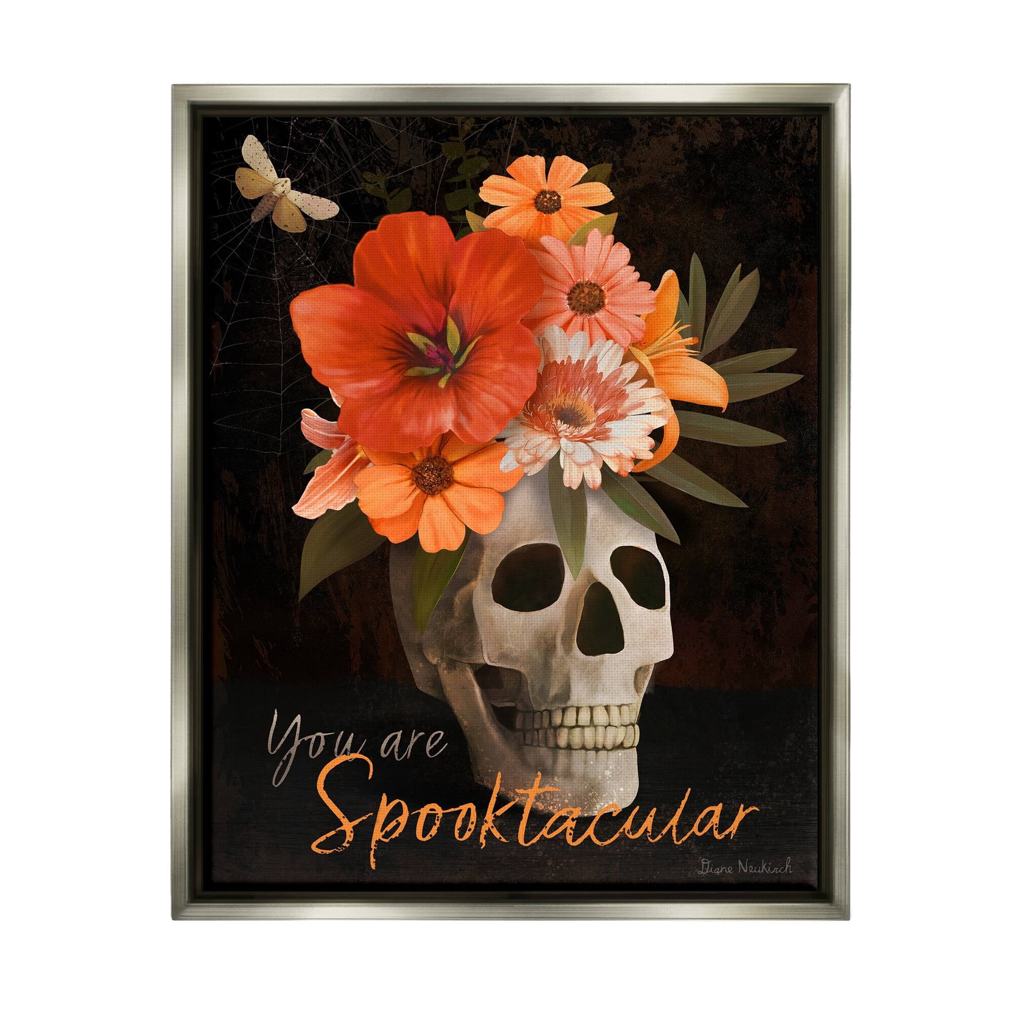 Stupell Industries Spooktacular Halloween Skull Flower Arrangement Spider Web Graphic Art Luster Gray Floating Framed Canvas Print Wall Art, Design by Diane Neukirch
