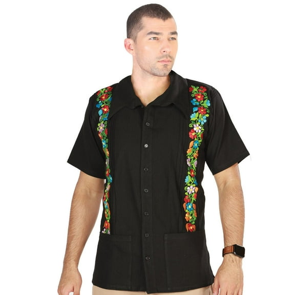 Men's Black Mexican Embroidered Guayabera 100% Cotton Black 603113