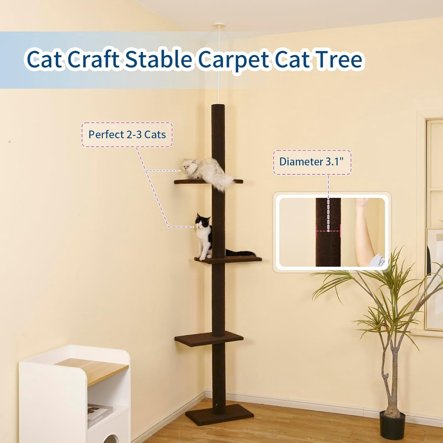 Cat Craft Floor to Ceiling Cat Tree Tower with 4-Tiers for Climbing, Adjustable to Fit 98-108 Inches Tall Ceiling, Brown