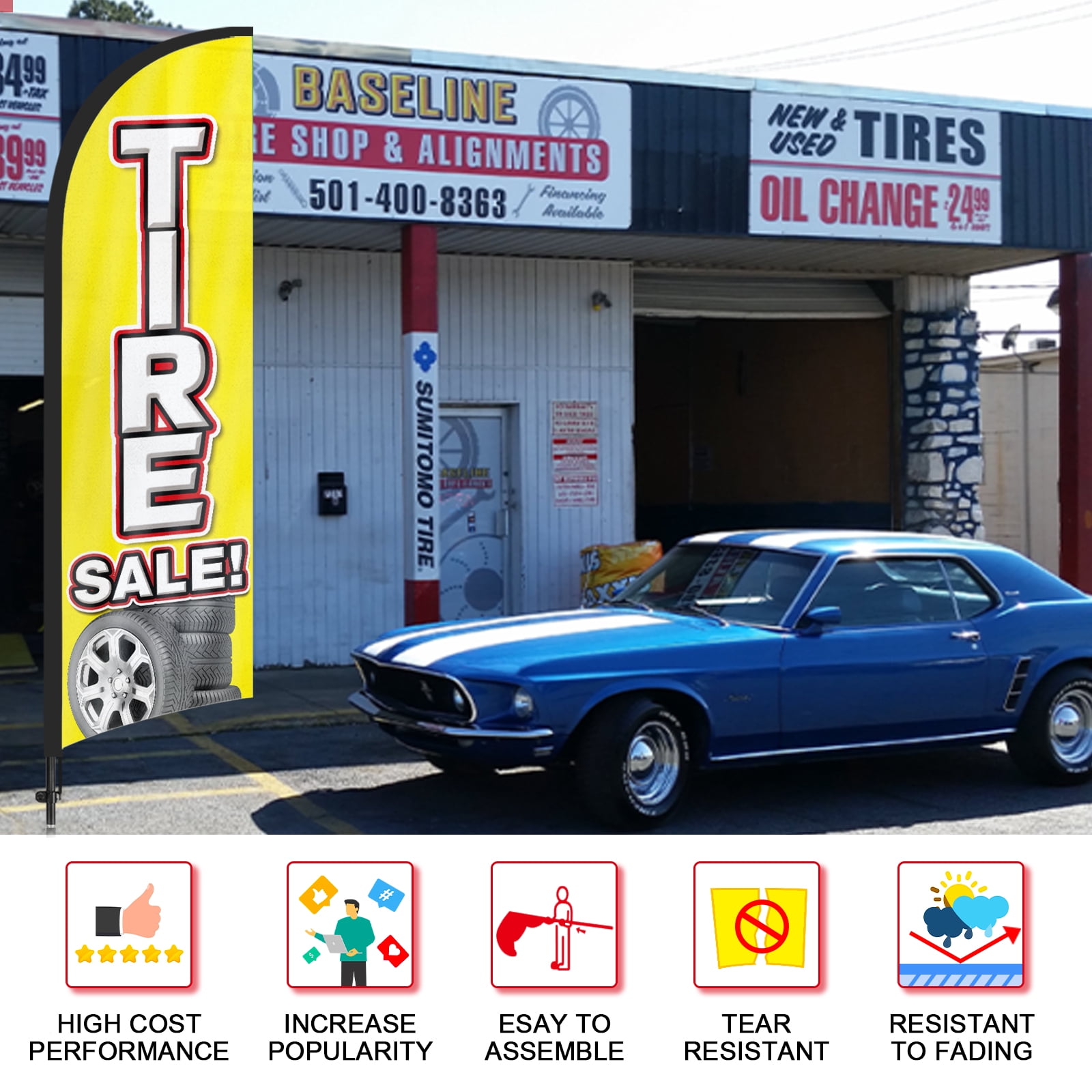 QSUM Tire Sale Advertising Swooper Flag Sign, Tire Sale Feather Flag Pole Kit with Ground Spike, 8.2Ft Advertising Feather Banner Sign for Tire Sale Business