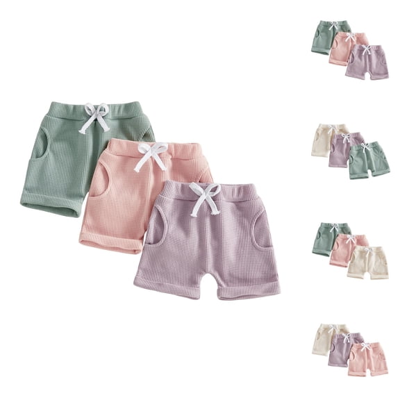 3 Pack Boys Girls Shorts with Pockets Summer Lightweight Waffle Knit Elastic Waist Loose Shorts for Toddler Kids 1-3 Years