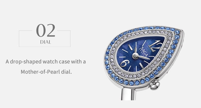 Watches for Women SAGA Angel's Eye Swiss Ronda Quartz Bracelet Watch, 129 Crystals, Teardrop Dial, Silver Blue, Casual Elegant, Gift for Women