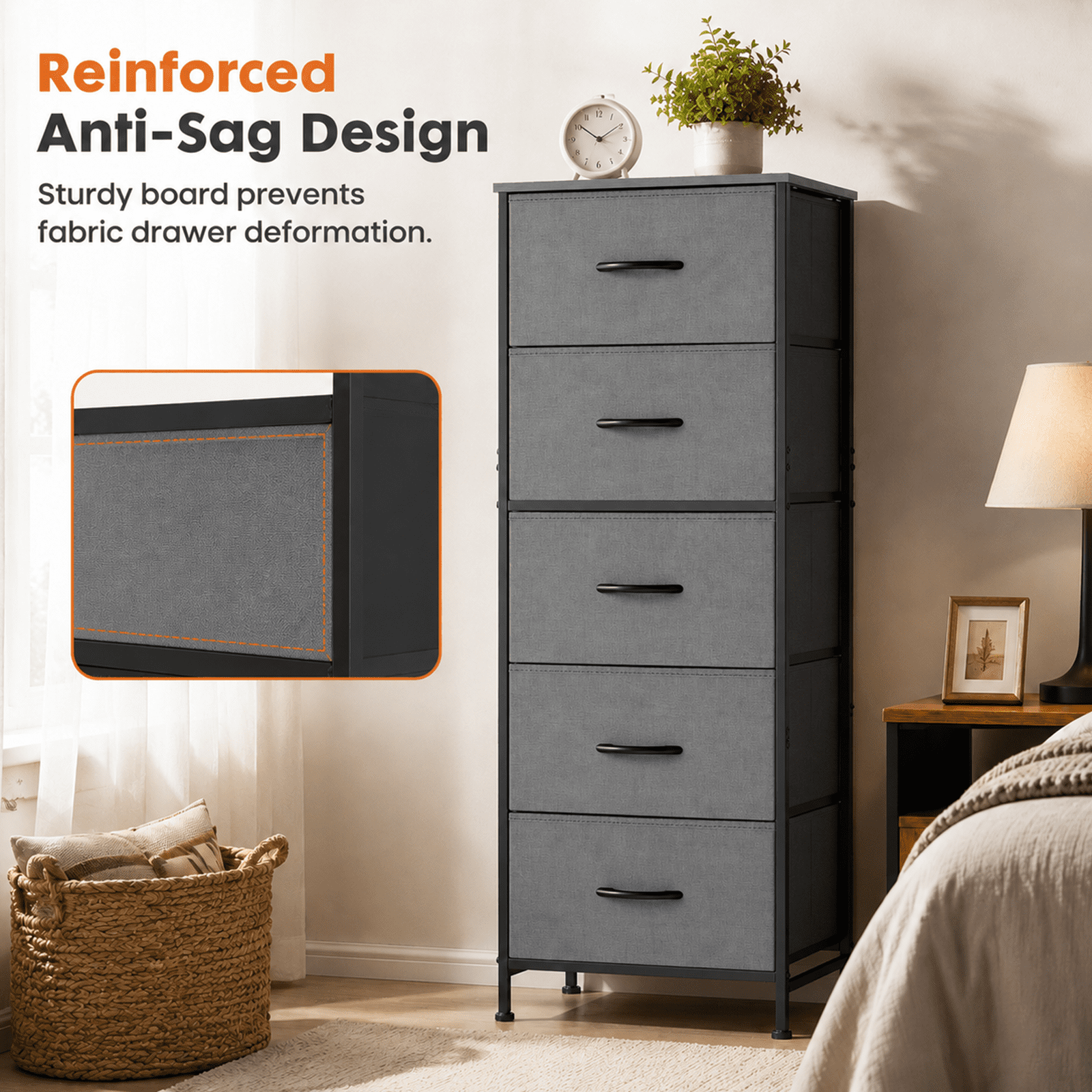 Alvantor Tall Dresser for Bedroom with 5 Drawers, Vertical End Table and Nightstand for Bedroom, Storage Organizer Chest of Drawers with Removable Fabric Bins