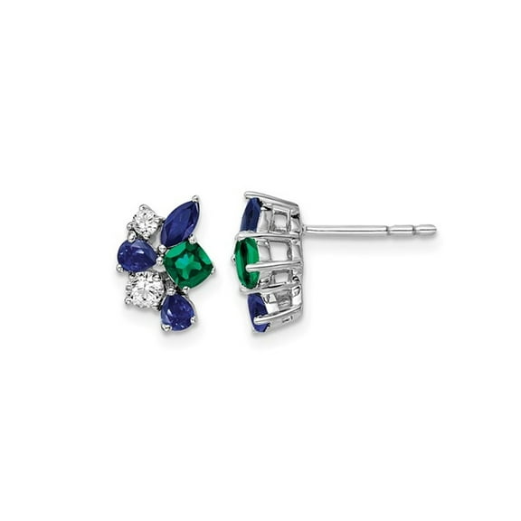 9/10 Carat (Ctw) Lab-Created Blue Sapphire and Emerald Cluster Earrings in 14K White Gold with Lab-Grown Diamonds for Women