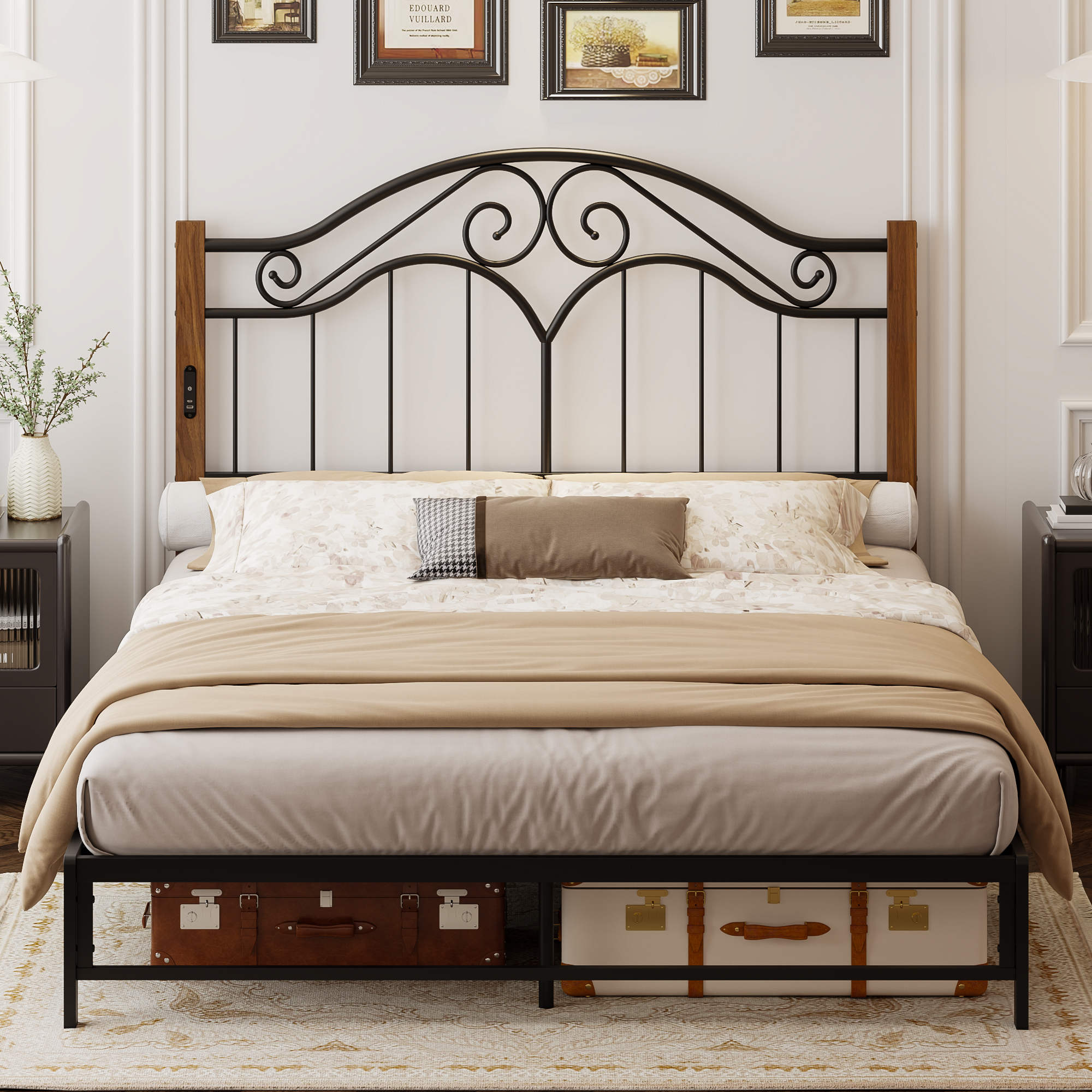 Yoneston Vintage Wood Grain Metal Queen Headboard with Charging and 3-Level Height Adjustment Design, Black