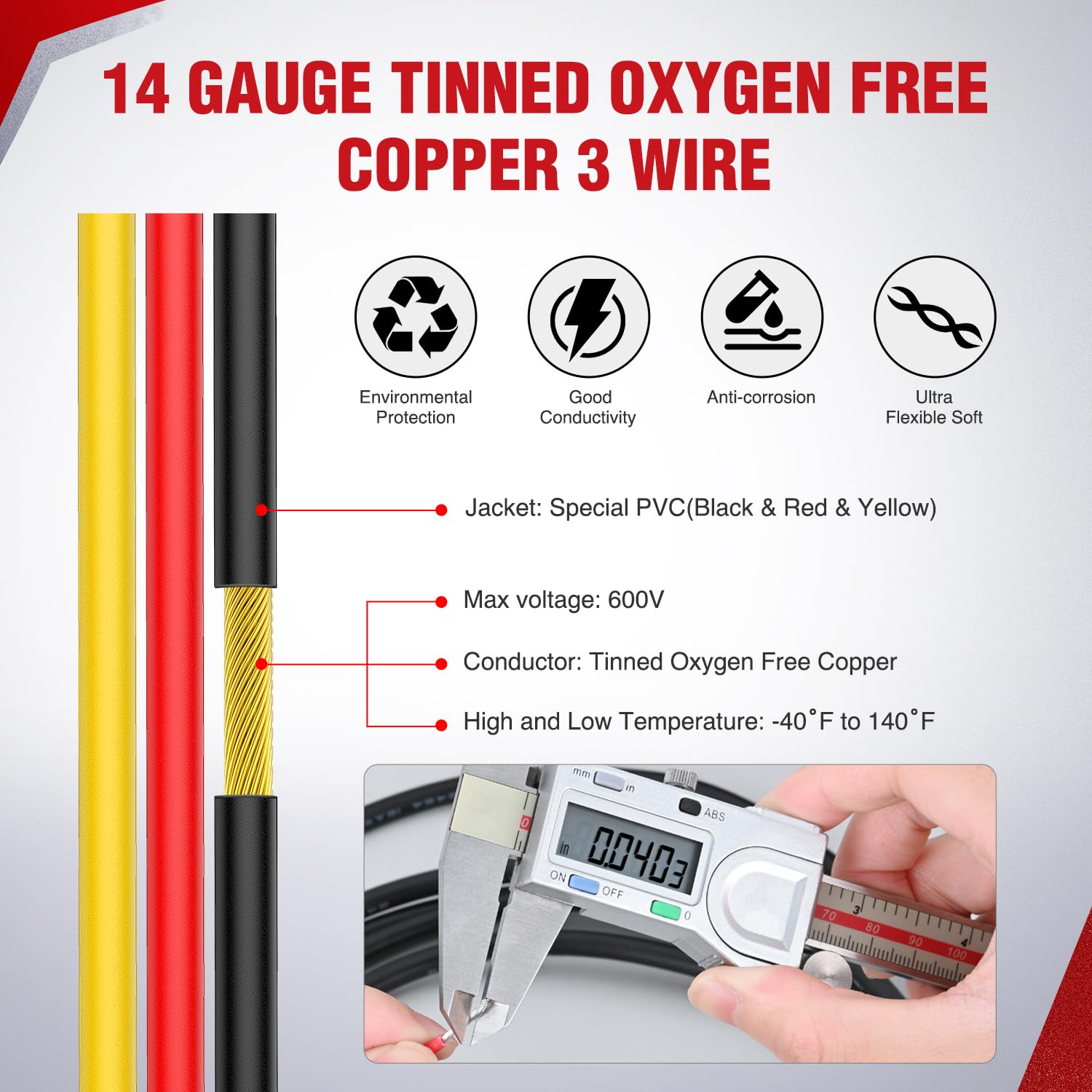 Nilight 30FT 14 Gauge 3 Conductor Electrical Wire Tinned Oxygen Free Copper Red Black Yellow 3 Wires Parallel 600V DC Flexible PVC Case Extension Cords for LED Strips Lamps Lighting